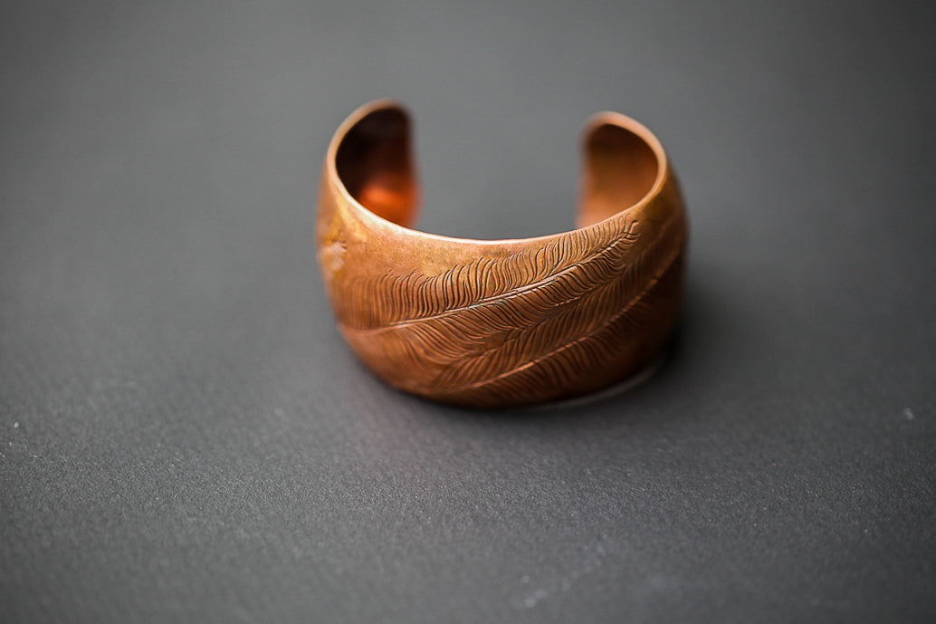 Hand Stamped Copper Feather Puff Cuff