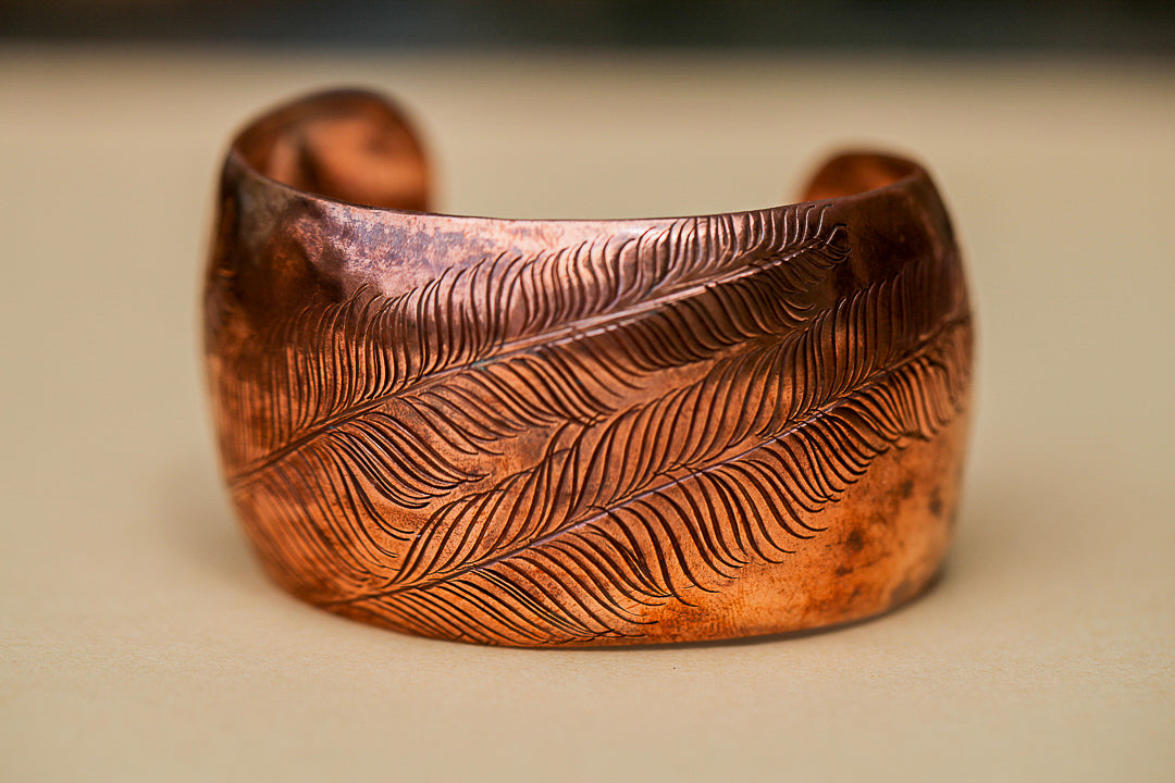 Hand Stamped Copper Feather Puff Cuff