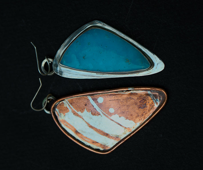 Mokume Gane Butterfly Wing Earrings w. Hemimorphite Cabochon