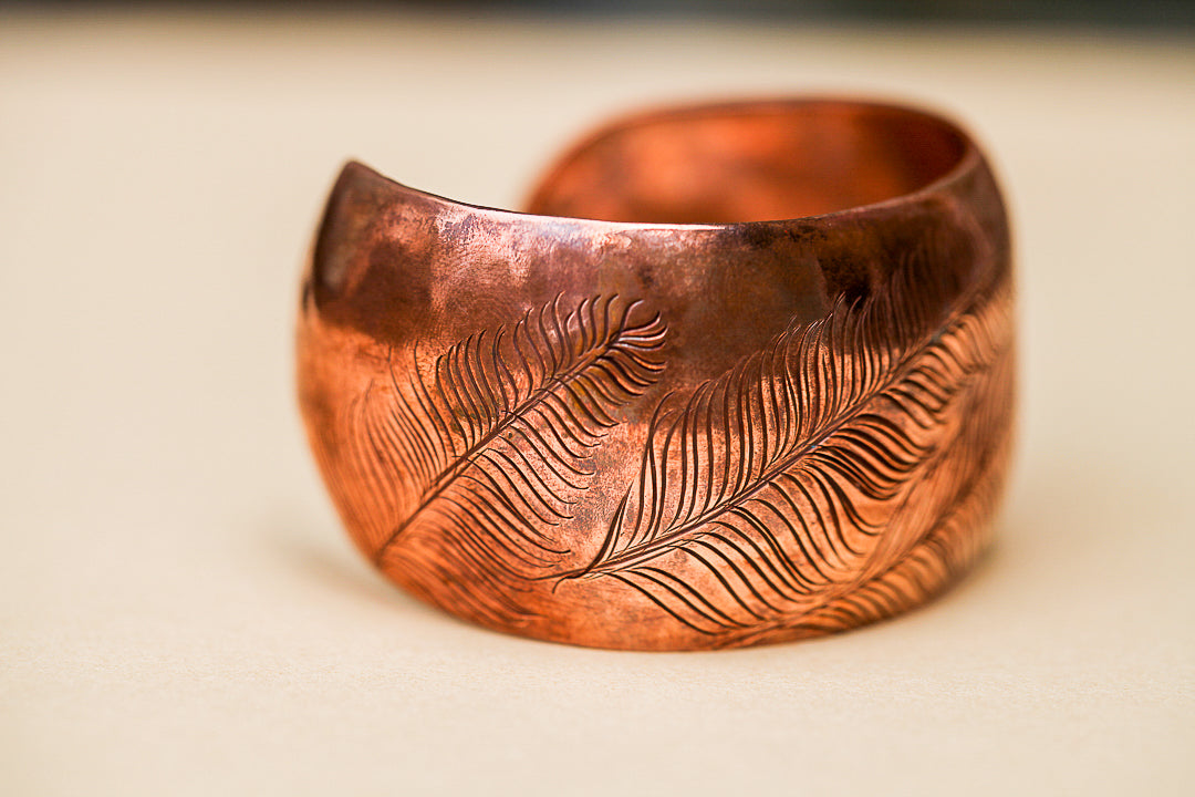 Hand Stamped Copper Feather Puff Cuff