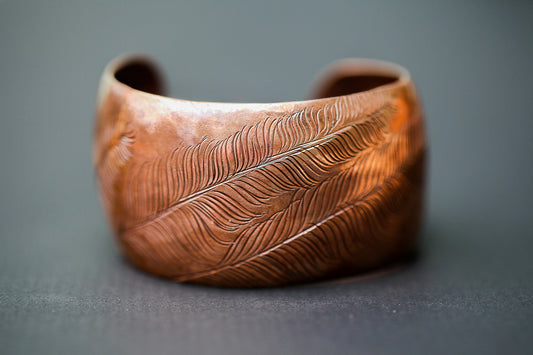 Hand Stamped Copper Feather Puff Cuff