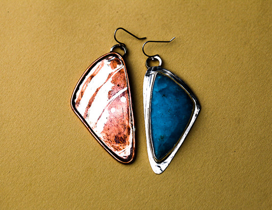 Mokume Gane Butterfly Wing Earrings w. Hemimorphite Cabochon