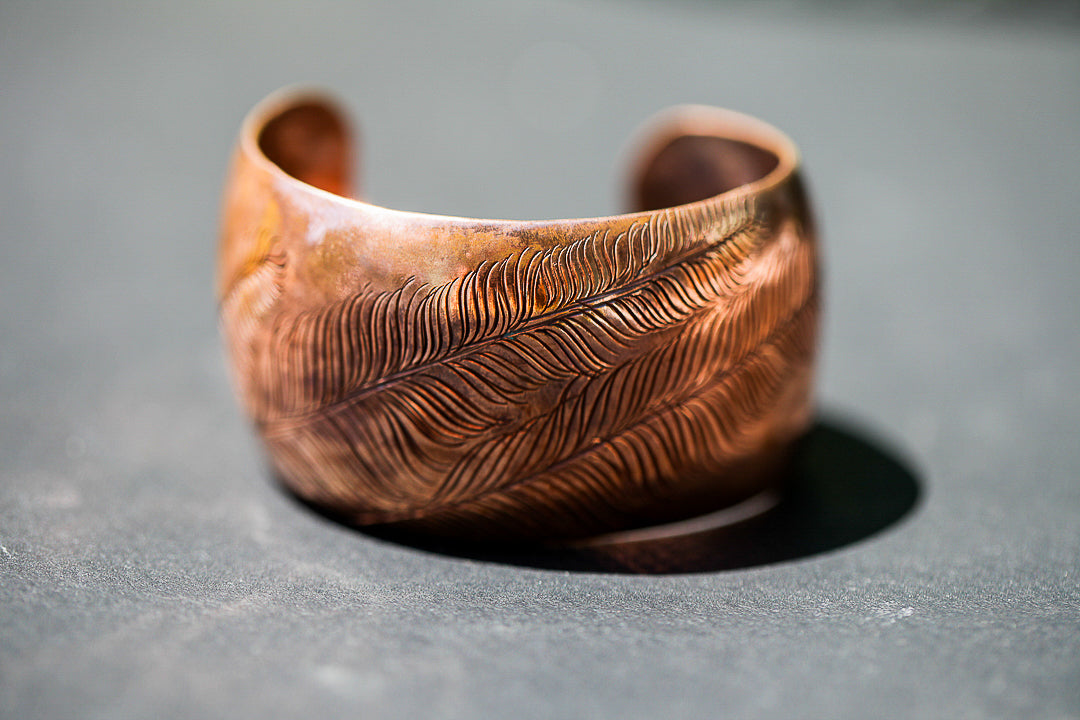 Hand Stamped Copper Feather Puff Cuff