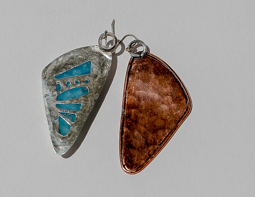 Mokume Gane Butterfly Wing Earrings w. Hemimorphite Cabochon