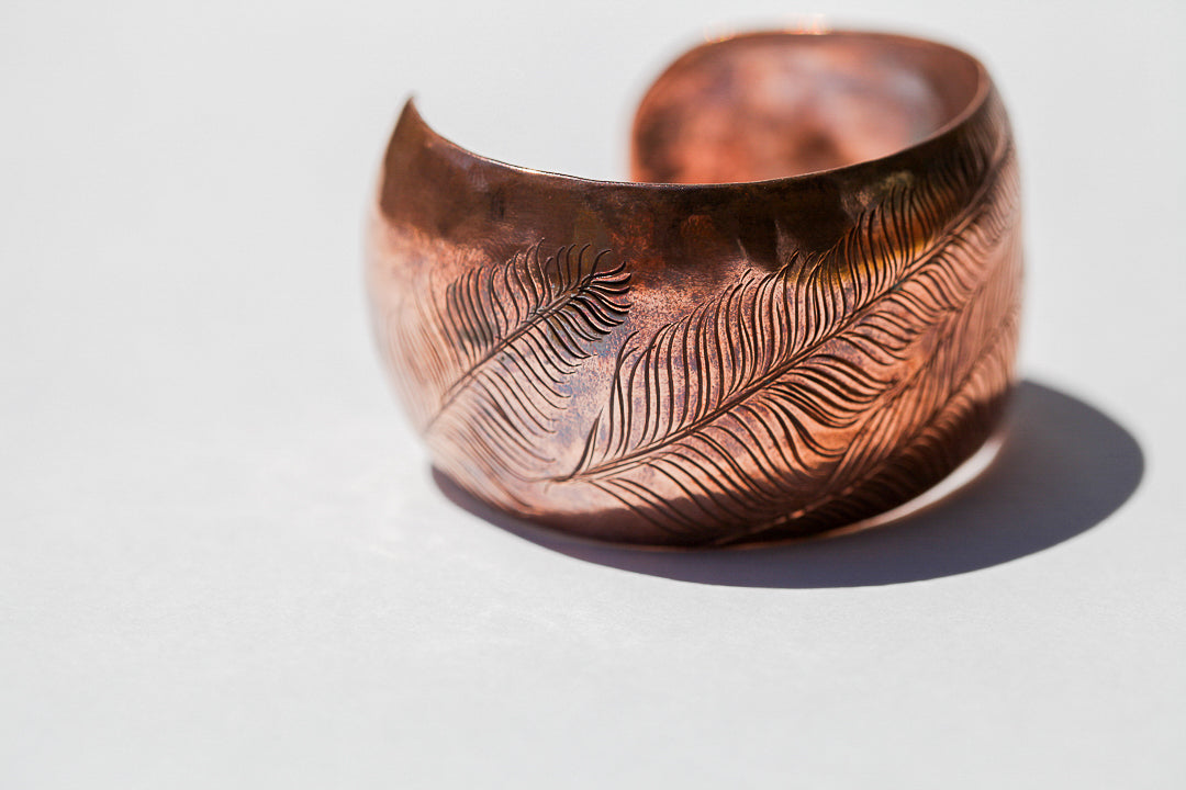 Hand Stamped Copper Feather Puff Cuff