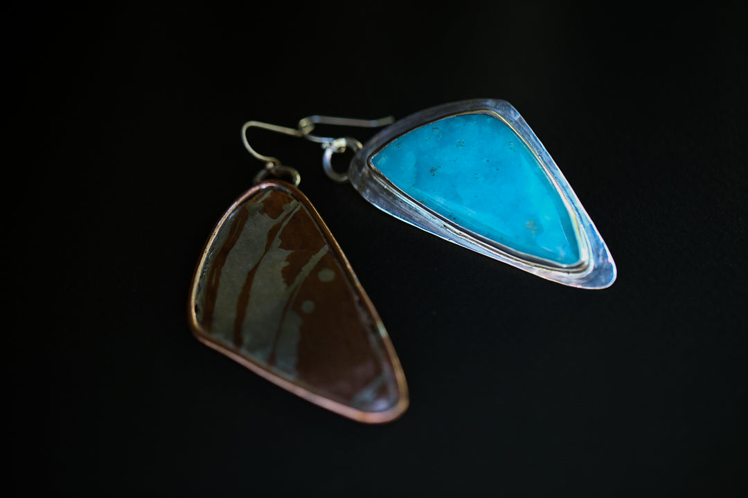 Mokume Gane Butterfly Wing Earrings w. Hemimorphite Cabochon