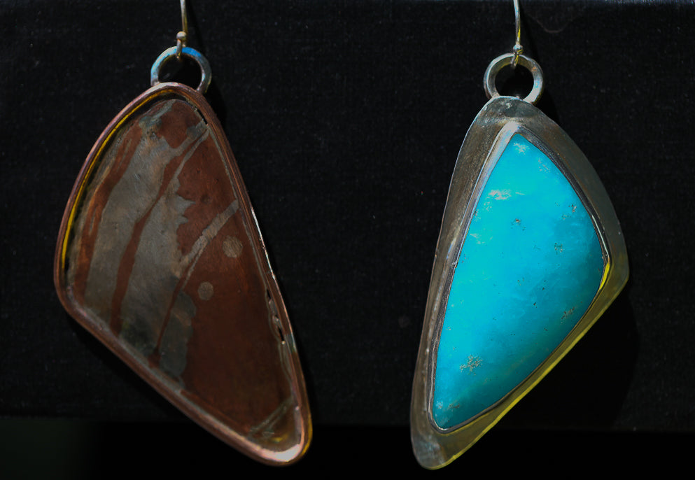 Mokume Gane Butterfly Wing Earrings w. Hemimorphite Cabochon