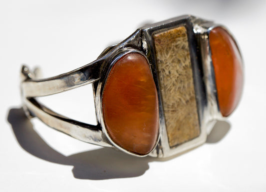 Carnelian Agate & Fossilized Coral Cuff