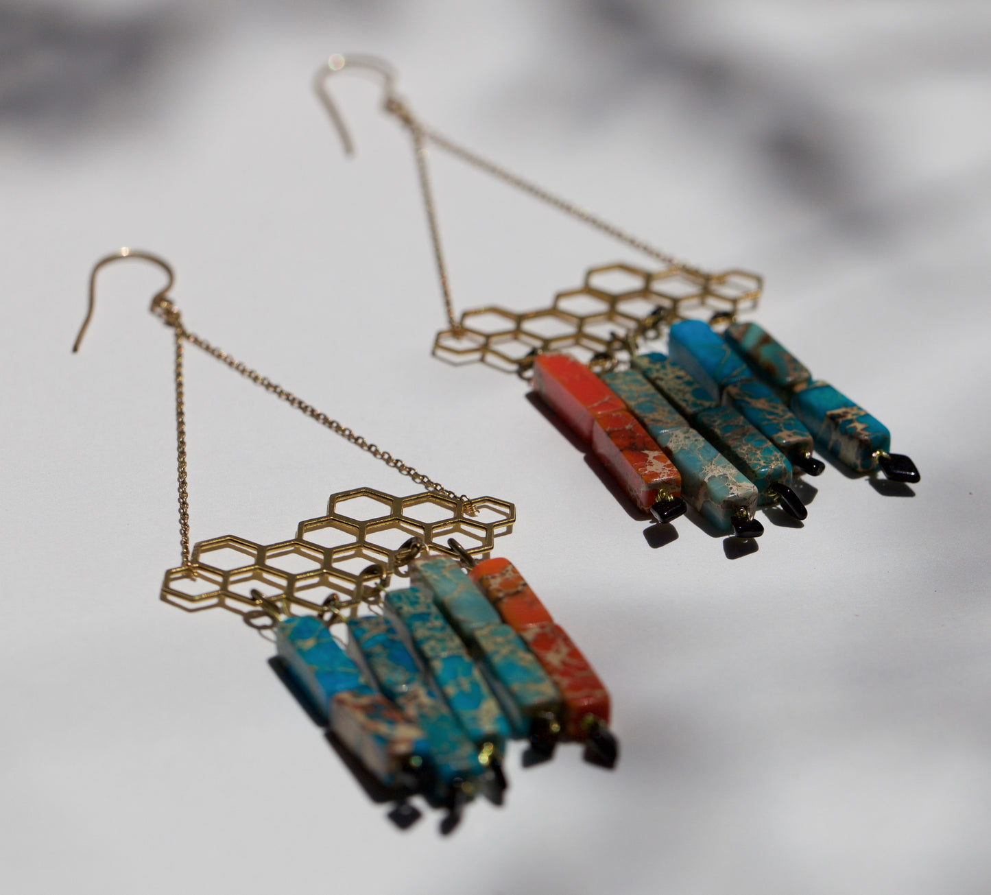 Honeycomb Raincloud Beaded Earrings - Brass & Gold