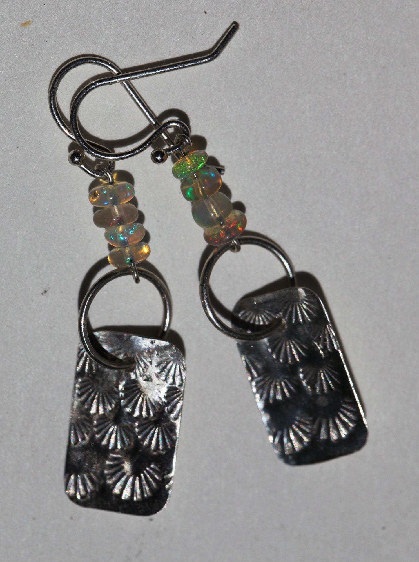 Opal Bead & Stamped Silver Hook Earring